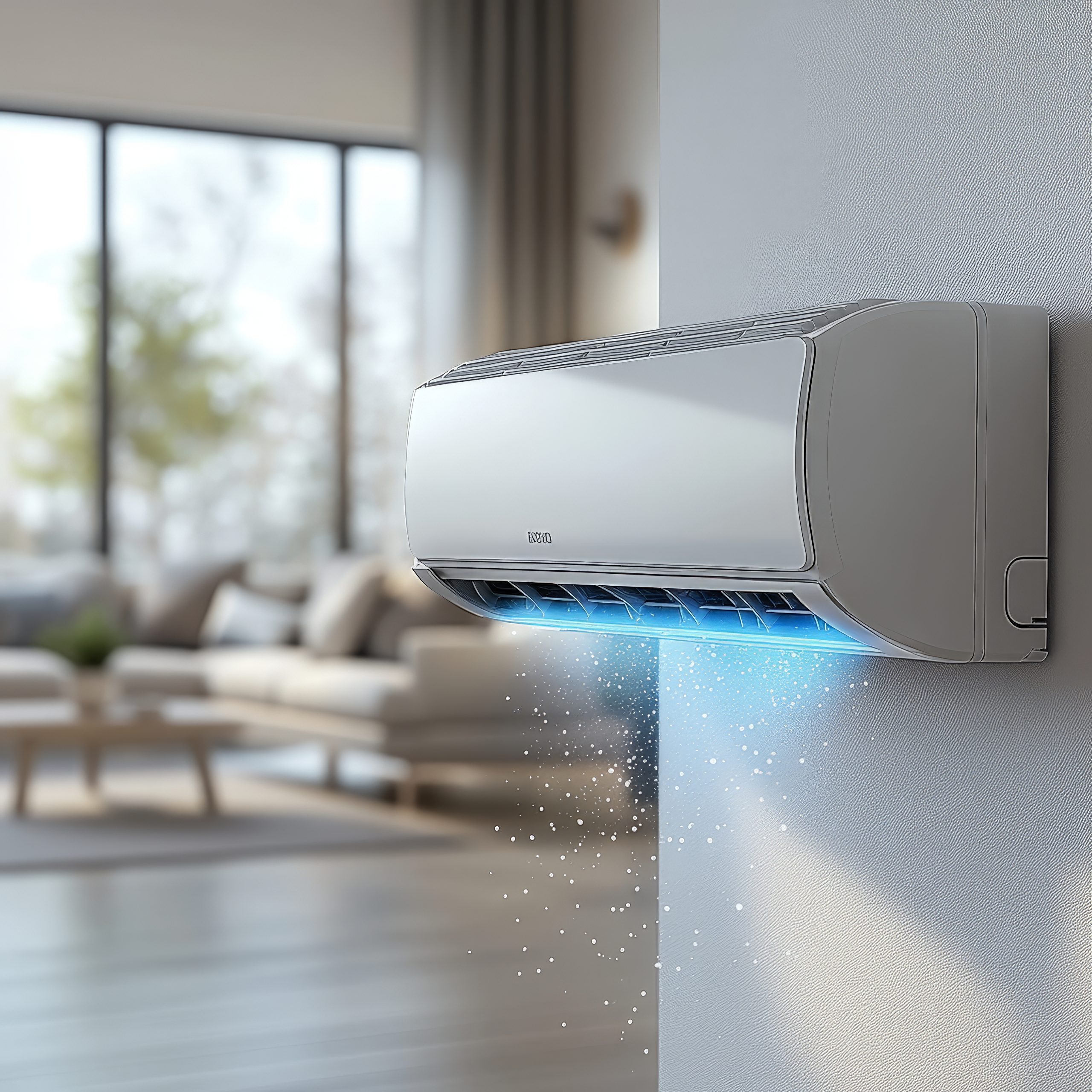 A sleek air conditioning unit releasing cool air into a bright, cozy room, with visible air streams representing the advanced cooling technology and the comfort it brings to the environment.